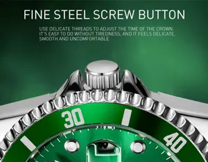 Green bezel quartz men watch close up detail stainless steel screw crown fashion accessory