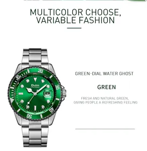 Detail view of the green dial quartz watch with luminous hands and stainless steel strap.
