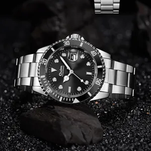 Oulm luxury quartz watch for men, stainless steel strap, waterproof black dial design with date.