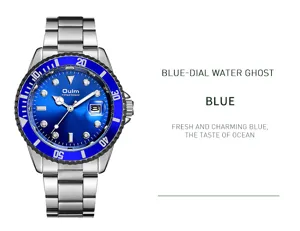 Detailed view of the stylish men quartz watch featuring blue bezel and stainless steel strap.