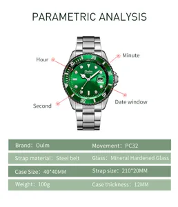 Detailed view of Oulm green quartz men watch showing case size, dial features and movement.