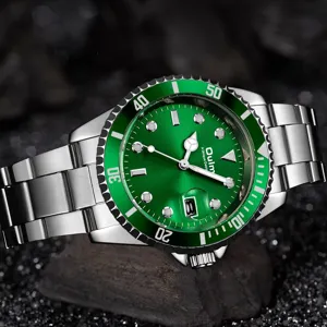 Oulm green dial quartz watch for men with stainless steel strap and stylish dive bezel.