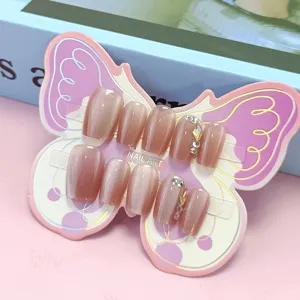Uñas a Presión Ojo de Gato para Niños Cortas Uñas Postizas Strass Mariposa Rosa Pasta de Frijol Uñas Artificiales