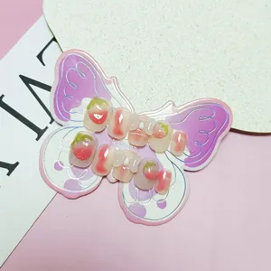 Uñas postizas para niños fresa bonita rosa conjunto de uñas postizas con bonito lazo 10 pz