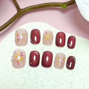 Uñas postizas hechas a mano cortas ojo de gato borgoña flores gelatina set 10 pzs uñas