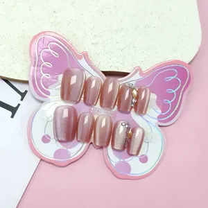 10pcs unas postizas cortas ojo de gato rosa suave unas postizas con brillantes