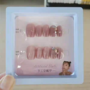 Uñas postizas para niños cortas ojo de gato rosa bonitas set de uñas postizas con estrás 10p