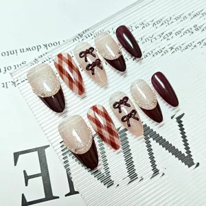 Set de uñas postizas hechas a mano con gel cat-eye elegante, tartán y lazos bonitos.
