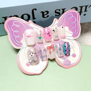 Kids press-on nails 10pcs cute bear bowknot design fake nails for girls and teens