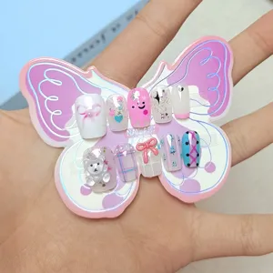 Kids press on nails set with cute 3D bear bow and pink plaid design for teens 10-18 years old