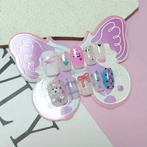 Kids press on nails set with cute 3D bear, bowknot, plaid and star designs for teens.