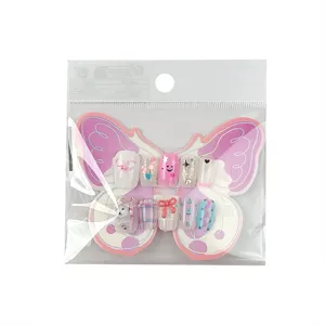 Kids press-on nail set with cute bear bow and plaid design, 10 pieces fake nails for girls.