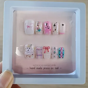 10 pieces kids press on nails cute cartoon bear bow design fake nails for children teenagers