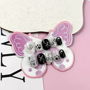 Uñas Postizas de Presión de Perro de Dibujos Animados Lindas para Niños Uñas Postizas Cuadradas Cortas Blanco Negro Corazón Strass Uñas Artificiales para Adolescentes Decoración de Arte de Uñas de Niña Dulce