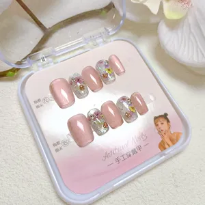 Uñas postizas hechas a mano cortas ojo de gato con flores secas set de uñas 10pcs.