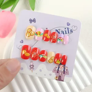 Kinder chinesischer Stil Neujahr künstliche Nägel Set, 12 Stk süße Klebenägel für Kinder.