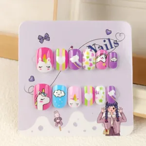 Uñas postizas para niños lindo unicornio dibujos animados set de manicura coloridas cortas