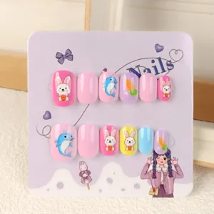 Set de uñas postizas para niños con bonitos diseños de conejos y delfines para niñas.
