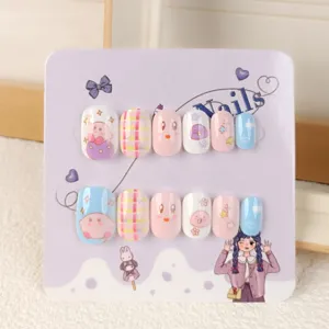 Bonito set de uñas postizas para niños cortas redondas de dibujos animados para niñas