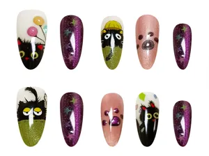 Set de uñas postizas almendradas de gato lindo hechas a mano con purpurina ojo de gato y huellas