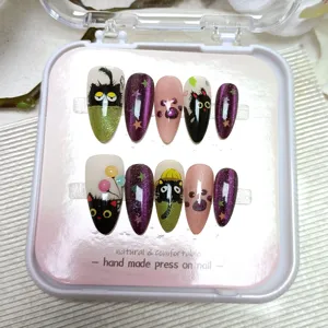 Uñas postizas hechas a mano gato negro lindo almendra set 10pcs purpurina brillo manicura