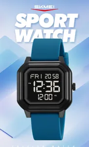 Minimalistische digitale Herrenuhr mit quadratischem Zifferblatt und Silikonarmband.