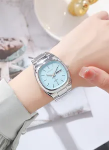 SKMEI women quartz watch light blue dial steel strap calendar business casual wristwatch