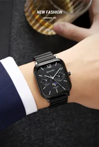 Men's square dial quartz watch with black stainless steel strap and multi-function sub-dials.