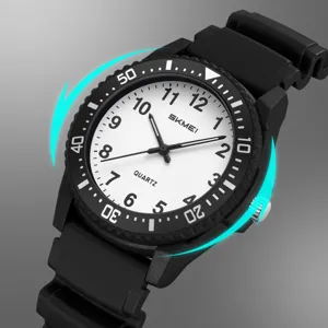Men's quartz sports watch with black resin strap white dial clear numbers rotating bezel