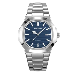 Men's stainless steel quartz watch with blue textured dial and date display, stylish.