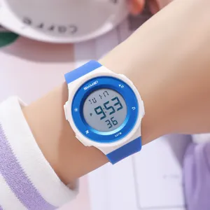 SKMEI minimalist student digital watch with blue white strap, waterproof sports watch.