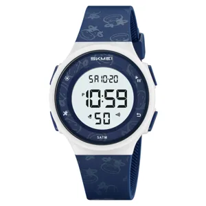 SKMEI waterproof digital watch for students, blue white youth electronic wristwatch with cute cow pattern.
