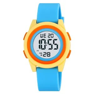 Childrens digital watch with colorful silicone strap and clear digital screen display.