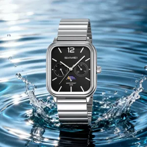 Men Square Quartz Watch Stainless Steel Business Casual Multifunctional Chronograph Wristwatch Waterproof Male Clock