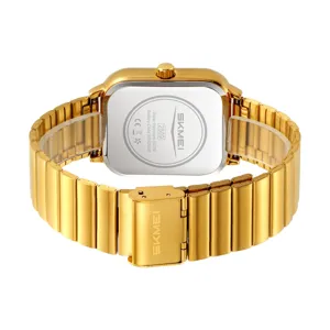 Men's square quartz watch gold metal strap waterproof business casual wristwatch.