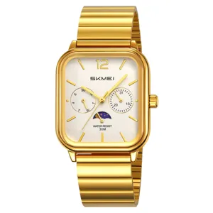 Men's stylish square dial quartz watch featuring a gold steel strap and multi-function sub-dials.