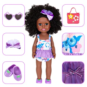 Close-up view of 14-inch black doll clothes set with accessories, sunglasses and mini bag.