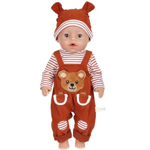 ensemble vetement poupee 43cm salopette velours marron bonnet ours haut rayé mignon
