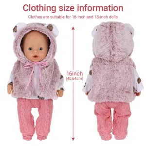 Cute 18 inch doll winter plush vest set with bear ear hood and knit pants for clothes.