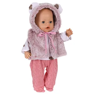 Detailed view of 43cm baby doll furry vest and knitted pants set, cozy cartoon bear outfit.