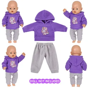 Grazioso set di abiti per bambola 43cm felpa con cappuccio viola e pantaloni grigi.