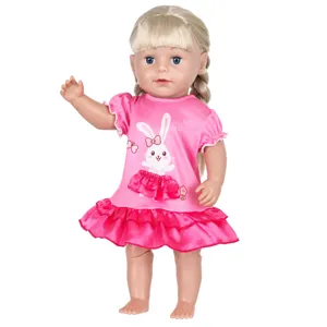 43cm Simulationspuppe rosa Kleid mit süßem Hasen-Print, perfektes Puppenzubehör für Kinder.