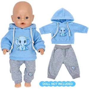 43CM Vestiti Bambola Neonato Felpa con Cappuccio Blu Pantaloni Grigio Elefante