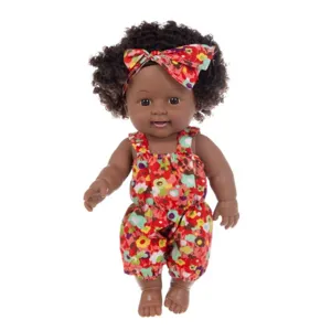 Muñeca reborn de 12 pulgadas con cabello afro, lindo bebé negro en mameluco floral.