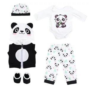 Gedetailleerd overzicht van de 18-inch pop winter panda pluche kledingset met zacht ontwerp.