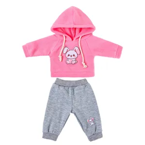 Set felpa con cappuccio e pantaloni per bambola 43cm, felpa rosa in pile con patch di coniglietto.