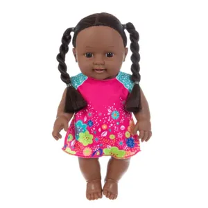 Muñeca de bebé africana de 12 pulgadas de vinilo suave con cabello trenzado y lindo vestido floral.