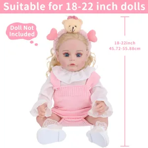Cute pink knit overall doll clothes set with bear headband suitable for 18-22 inch reborn dolls.