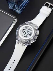 Transparent case digital watch for men, waterproof outdoor sports watch with white silicone strap.