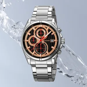 Men's Business Quartz Watch Stainless Steel Strap Multifunctional Three-Eye Six-Hand Chronograph Waterproof Wristwatch